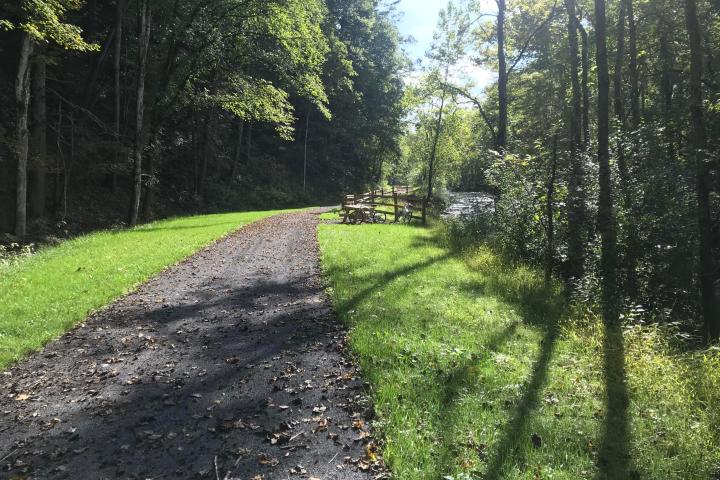 The scenic trail with trees on one side and the river on the other