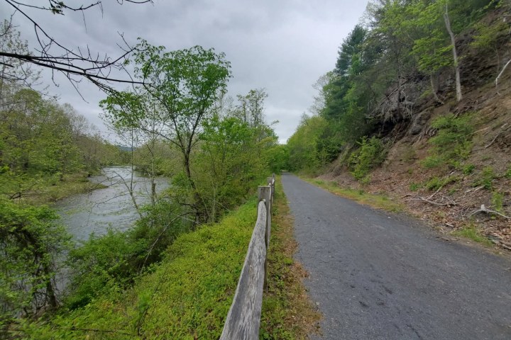 Tree-lined path next to a river with cloudy sky in the background.