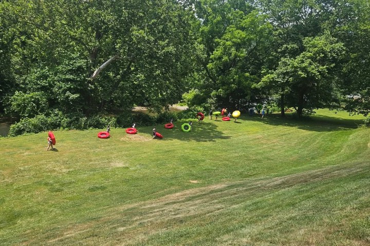 People carrying colorful inflatable tubes on a grassy field near trees.