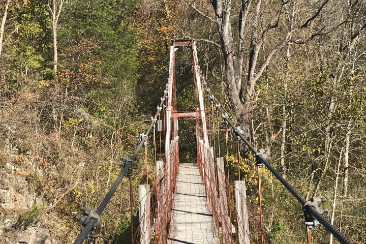 A wood and rope bridge over the river