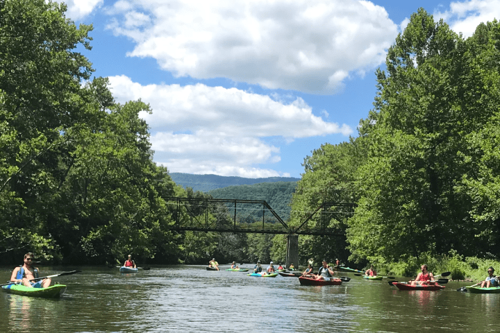 A large group of kayakers by the bridge