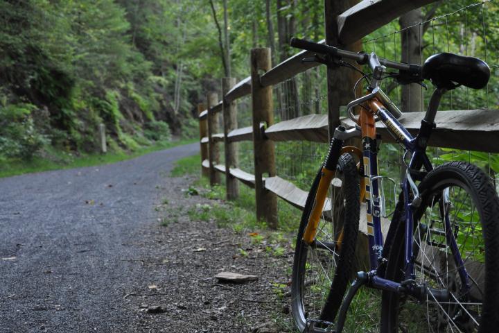 A bike resting on a fence along the scenic trail