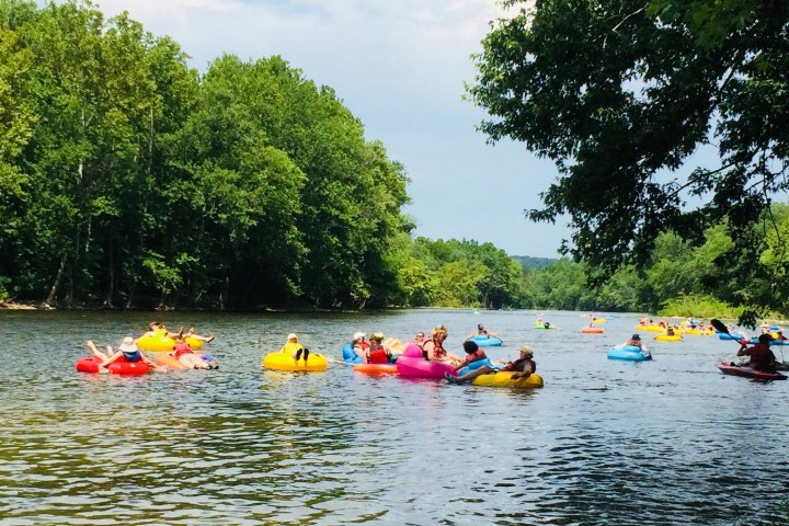 A large group of tubers floating down a wide spot on the river