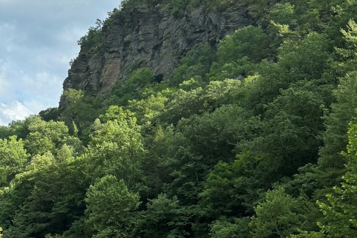 Forest-covered rocky hill with a cloudy sky above, reflected in a calm body of water.