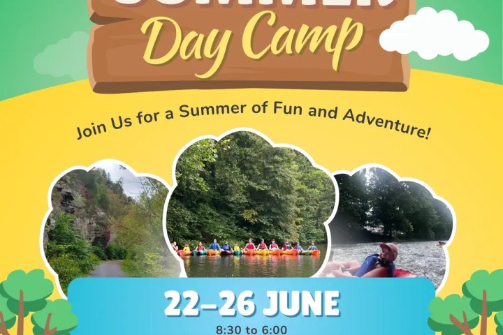 Kids Summer Day Camp flyer with dates, activities, and contact info. Images of nature scenes and kayaking.