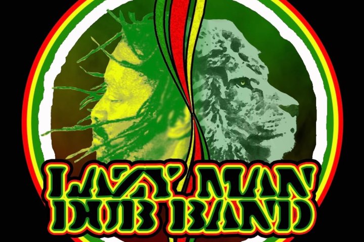 Logo with a split face of a person and lion, 'Lazy Man Dub Band' text below, in reggae colors.